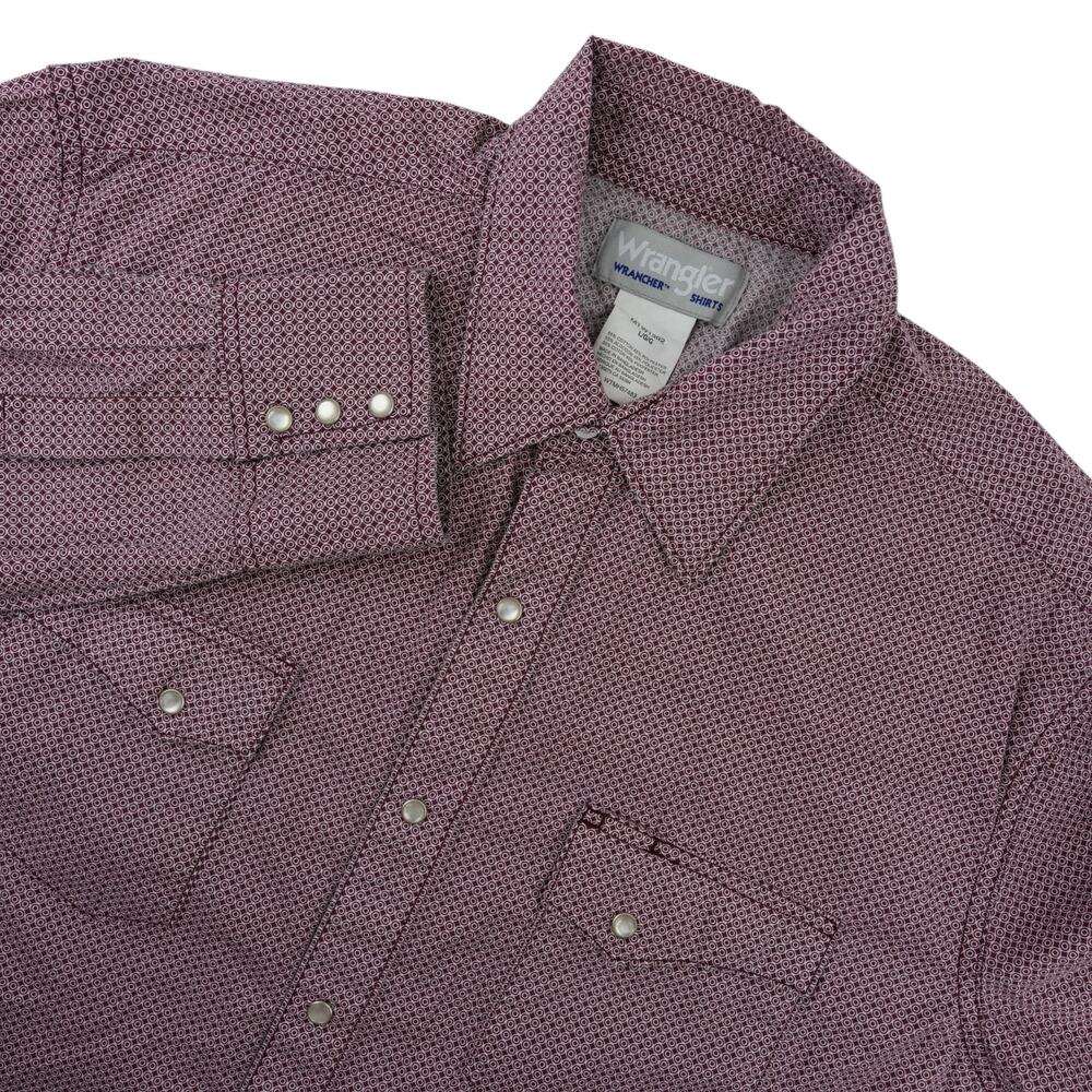 Wrangler Wrancher Western Shirt Mens L Maroon Geometric Pearl Snap Cowboy Rodeo